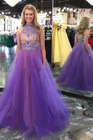 Two Piece High Neck Backless Lavender Long Prom Dress, Evening Dress with Beading, MP103