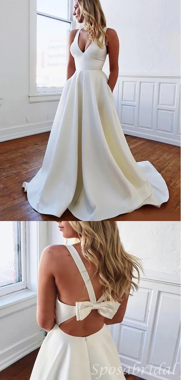 V-neck Spaghetti Strap Sheath Open Back With Cross Bow Tie Long Wedding Dress, WD3035