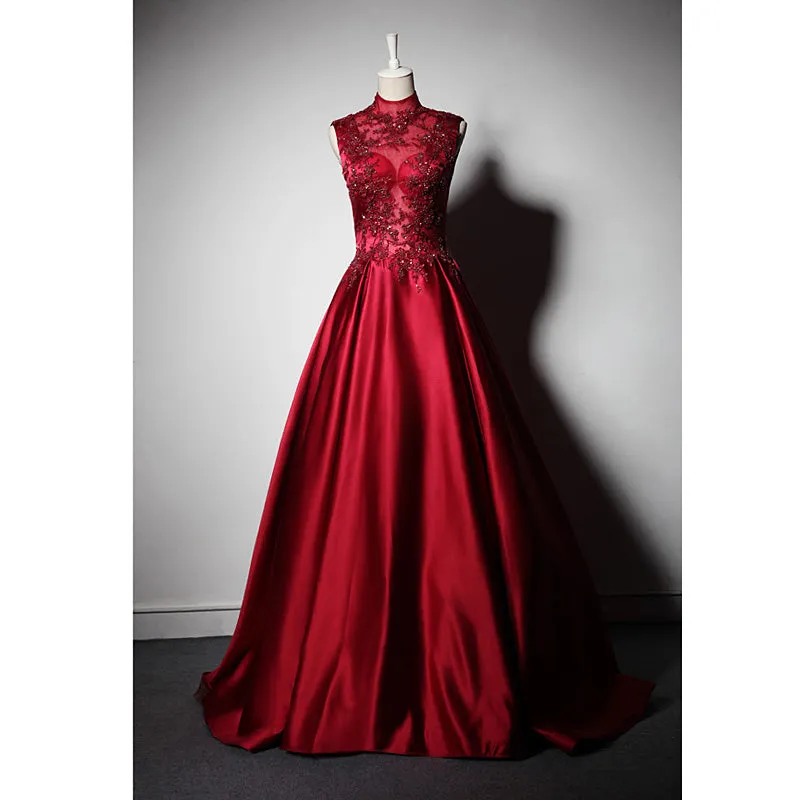 Wine Red Satin Lace Beaded High Neckline Long Party Dres, Dark Red Floor Length Prom Dress