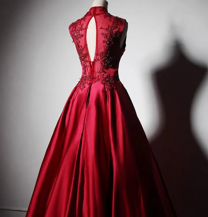 Wine Red Satin Lace Beaded High Neckline Long Party Dres, Dark Red Floor Length Prom Dress