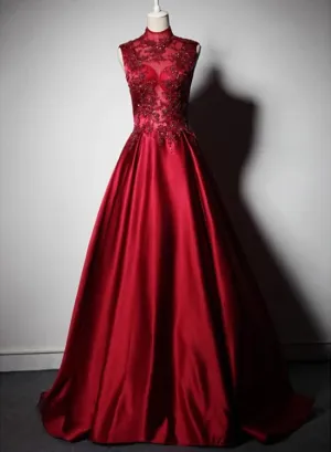 Wine Red Satin Lace Beaded High Neckline Long Party Dres, Dark Red Floor Length Prom Dress