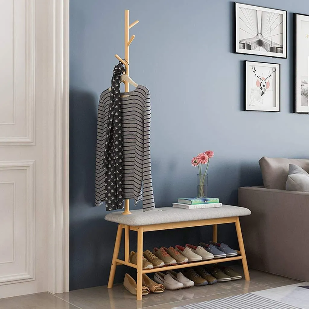 ZHEN GUO Entryway Shoe Bench with Coat Rack, Modern Bamboo Shoe Rack Organizer with Hall Tree Coat and hat Hanger Over The Door (Color : Natural)